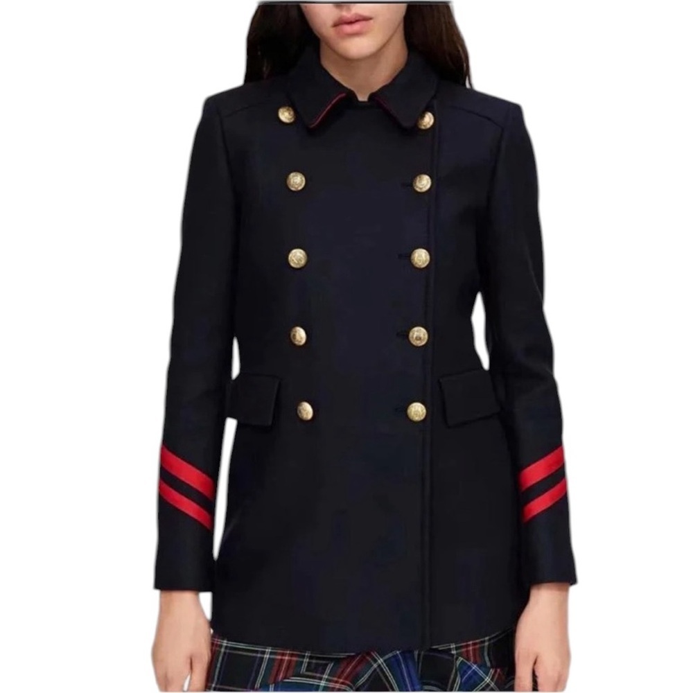 Zara Navy Military Style Double Breasted Coat Size S